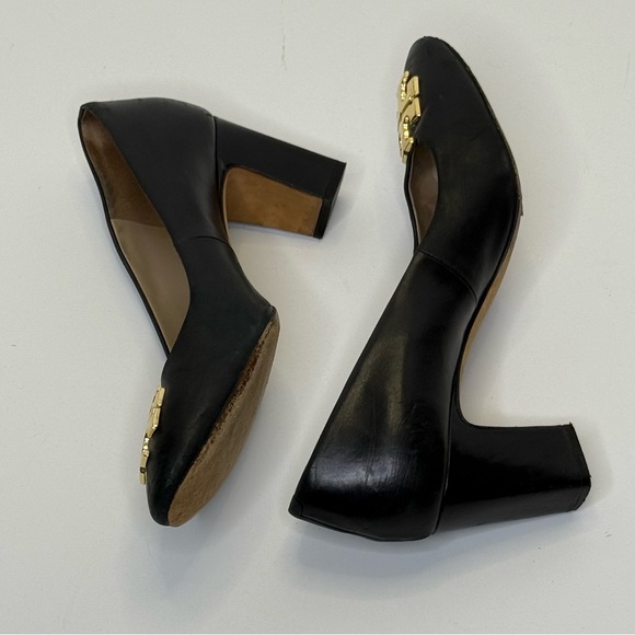 Tory Burch Black and Gold 3 Inch Block Heel with T Signature Logo - Picture 4 of 11
